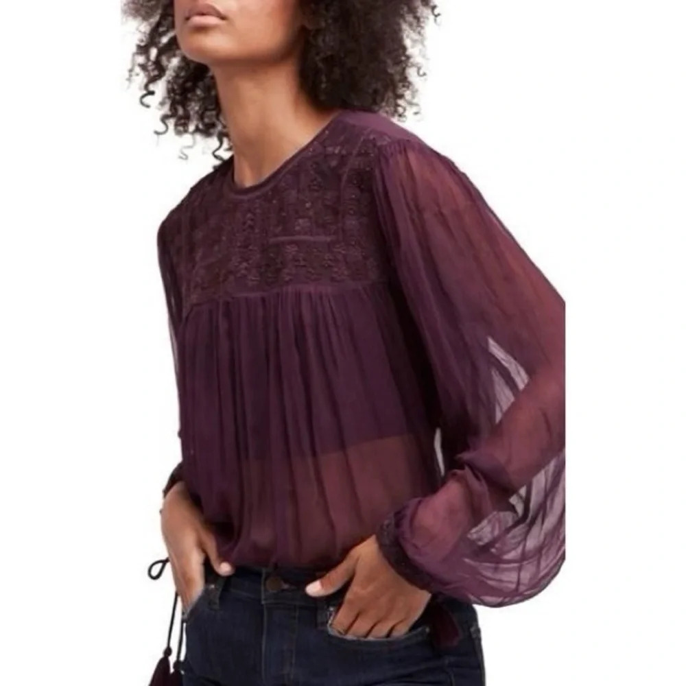 NWT Free People Retro Sheer Blouse In Dark Purple